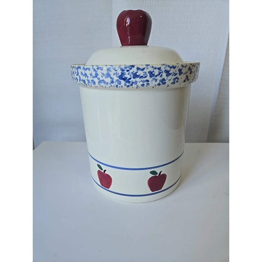 Vtg Treasure Craft Apple Cookie Jar Canister Spongeware Pottery Retro Kitchen 10